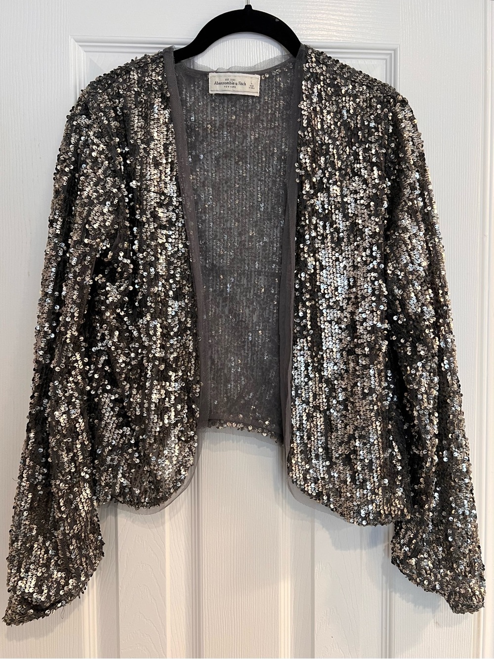 Abercrombie & Fitch Silver Distressed Sequin Open-Front Bolero Blazer Jacket L